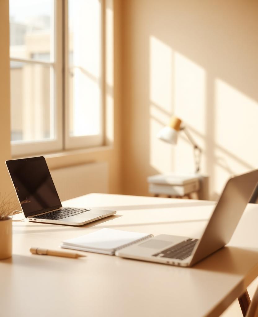 Calm warm-toned consulting workspace with notebook and laptop